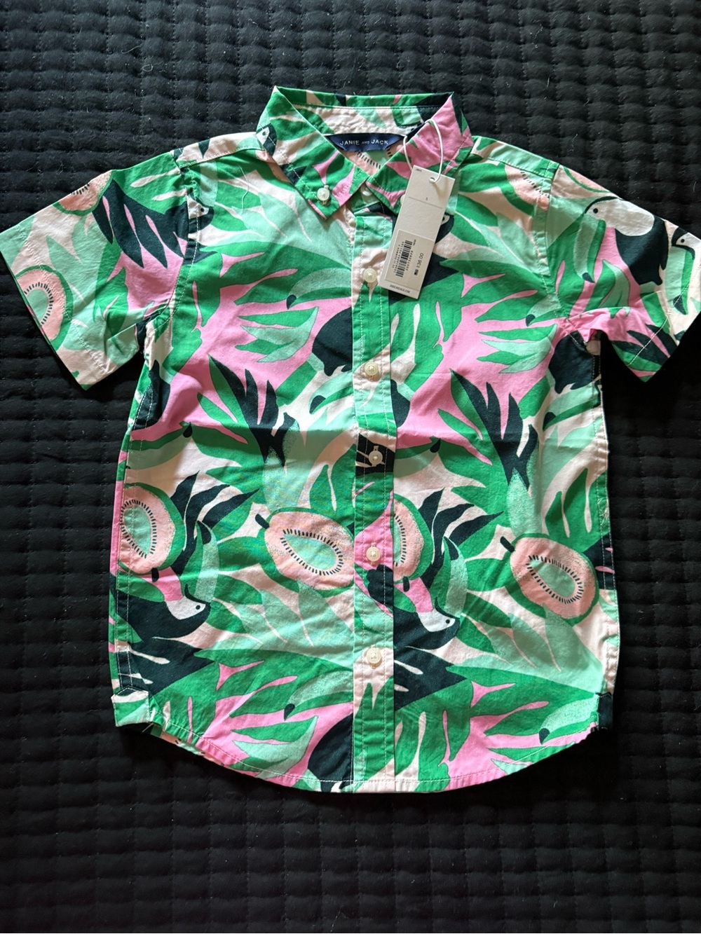 Janie and Jack Tropical Fruit Print Button-Down Shirt in Green, Pink, Black